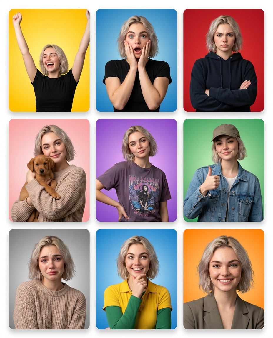 Color Emotion Card Grid: Create Bright AI Portrait Expression Cards