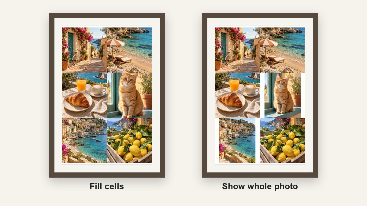 The same collage with Fill cells and with Show whole photo, framed side by side