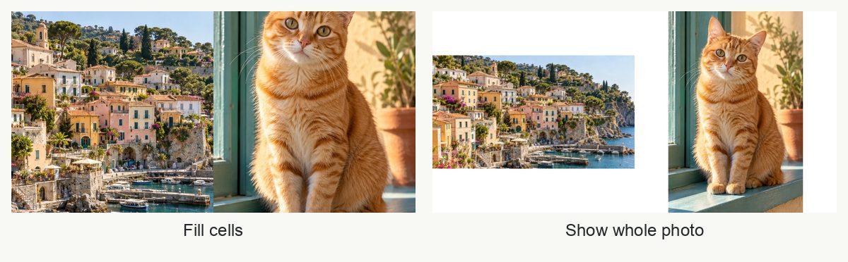The same landscape and portrait photos in Fill cells mode and in Show whole photo mode