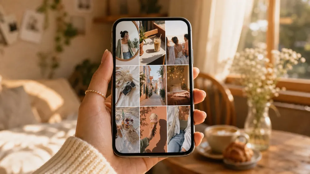 A phone showing a finished 3x3 grid in a sunny room