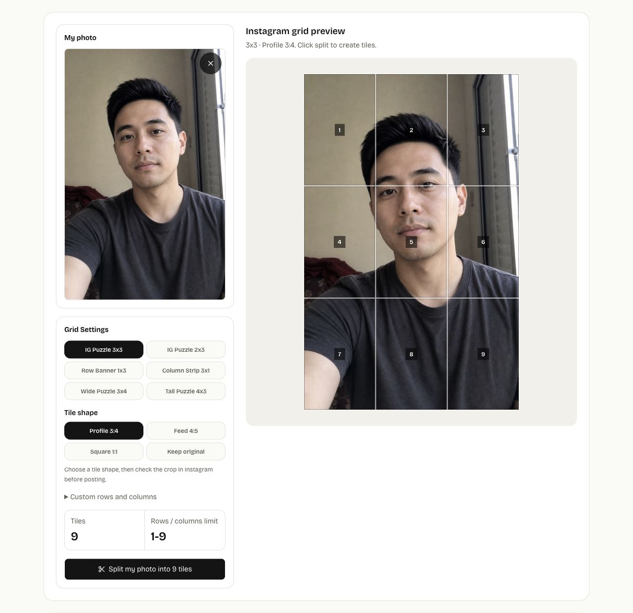Instagram Grid Splitter controls showing the 3x3 layout and tile-shape settings