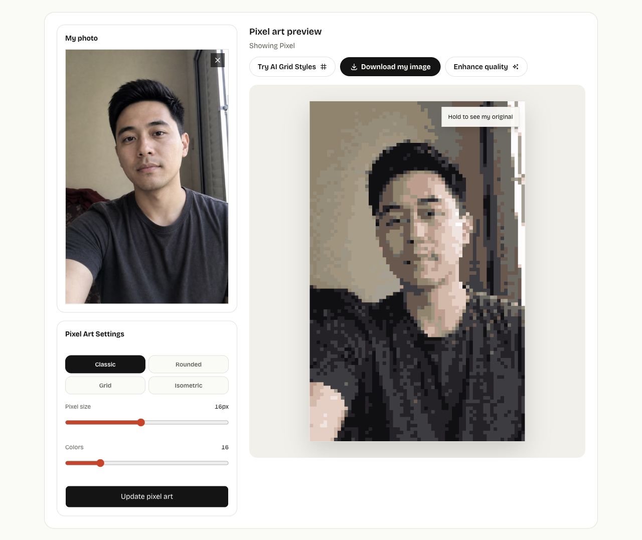 Photo to Pixel Art: Block Size, Colors, and Grid Export